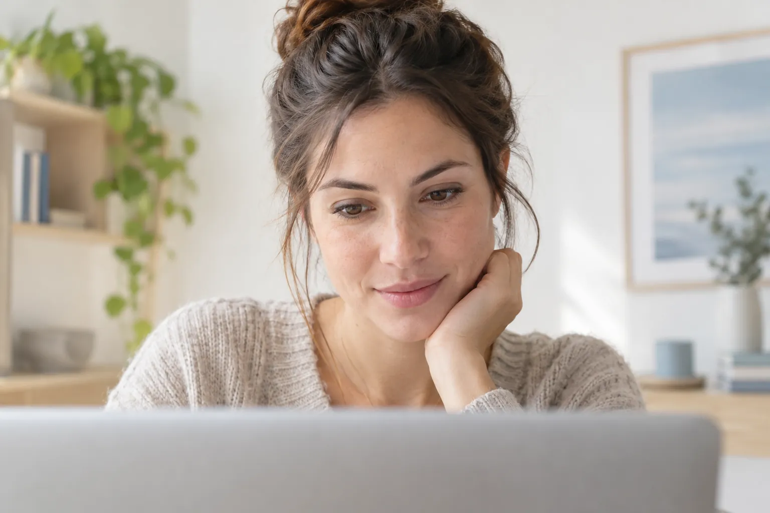 A woman reads her script from the top of her laptop screen.