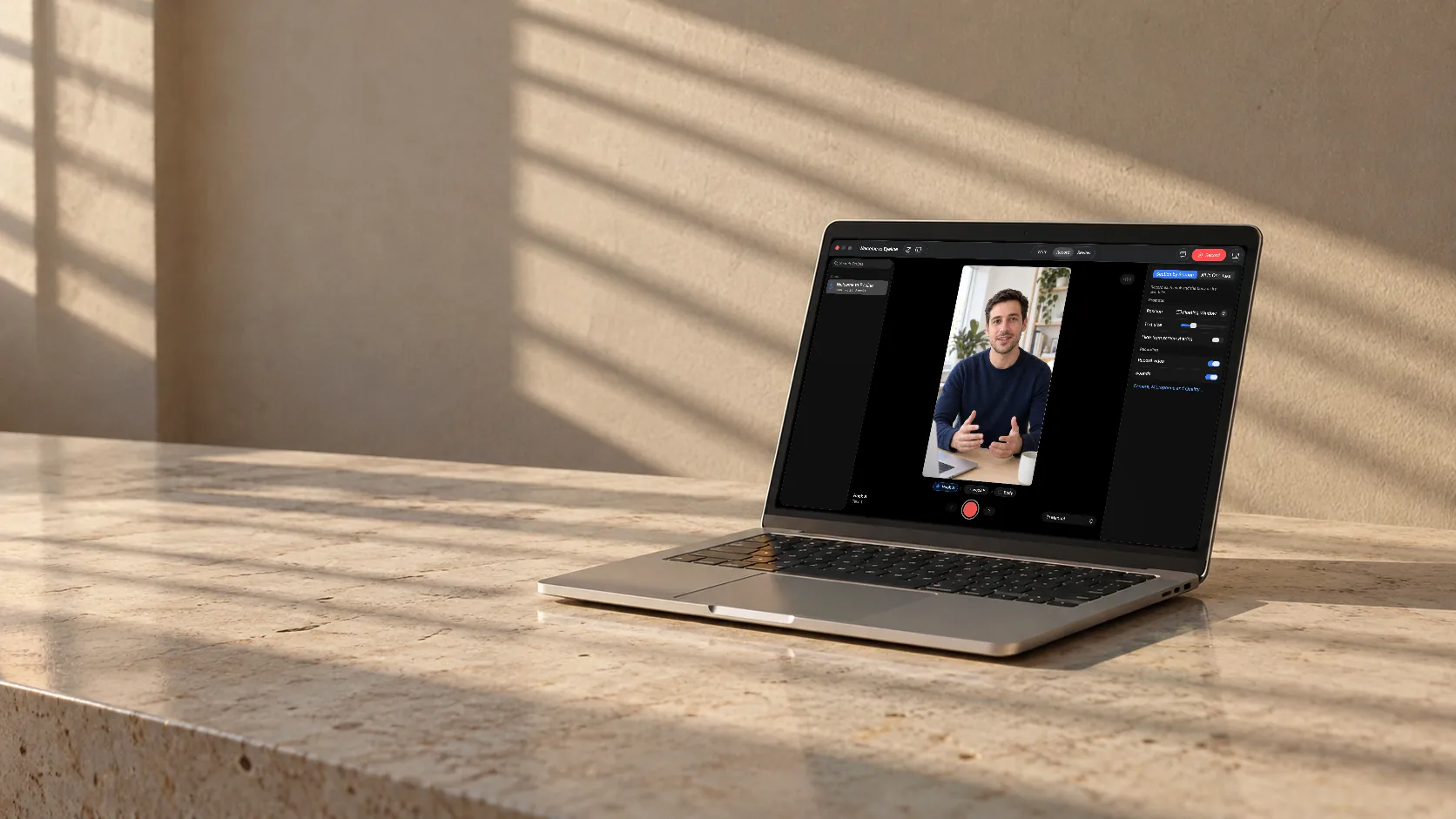 A laptop on a stone counter in late-afternoon sun, showing Eyeline's Record view with a man talking in the camera preview.