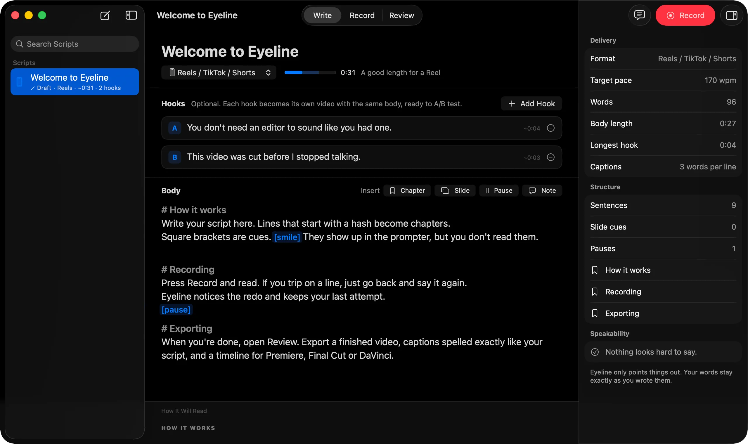 The Eyeline window in Write mode with a script called Welcome to Eyeline, two hook variants and the script body, with the prompter under the MacBook camera notch above it.